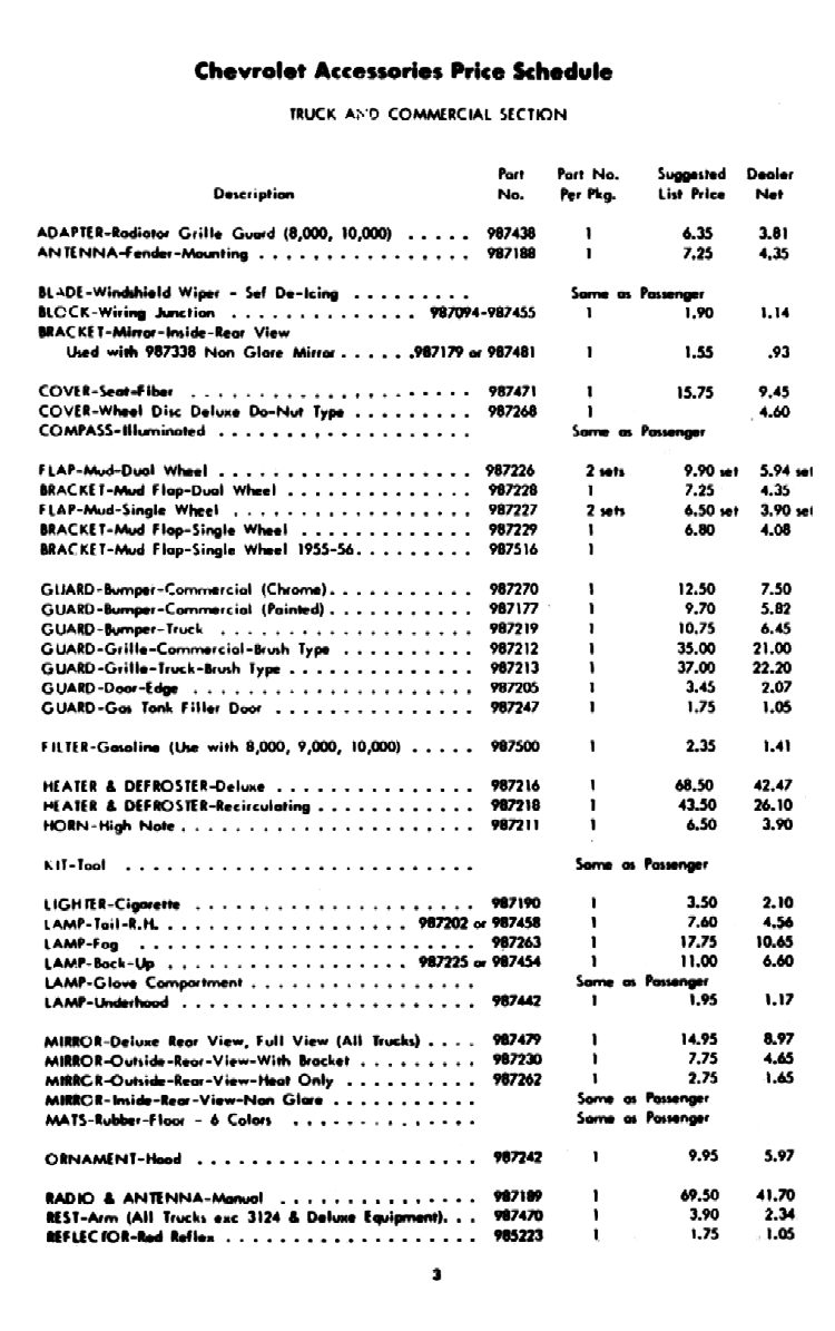 1956 Chevrolet Accessories Price List Page 3